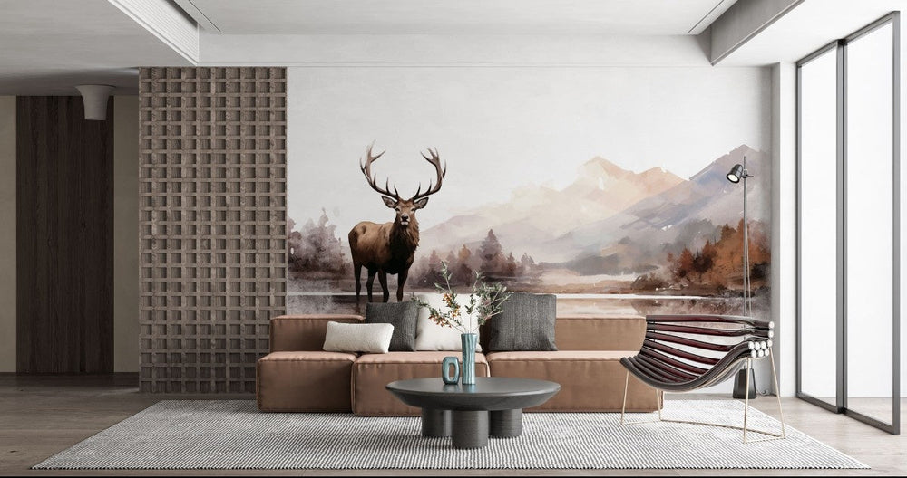 Tapet personalizat forest cu o ilustratie majestuoasa a unui elan intr un peisaj montan impadurit creand o atmosfera salbatica si impresionanta mountain moose