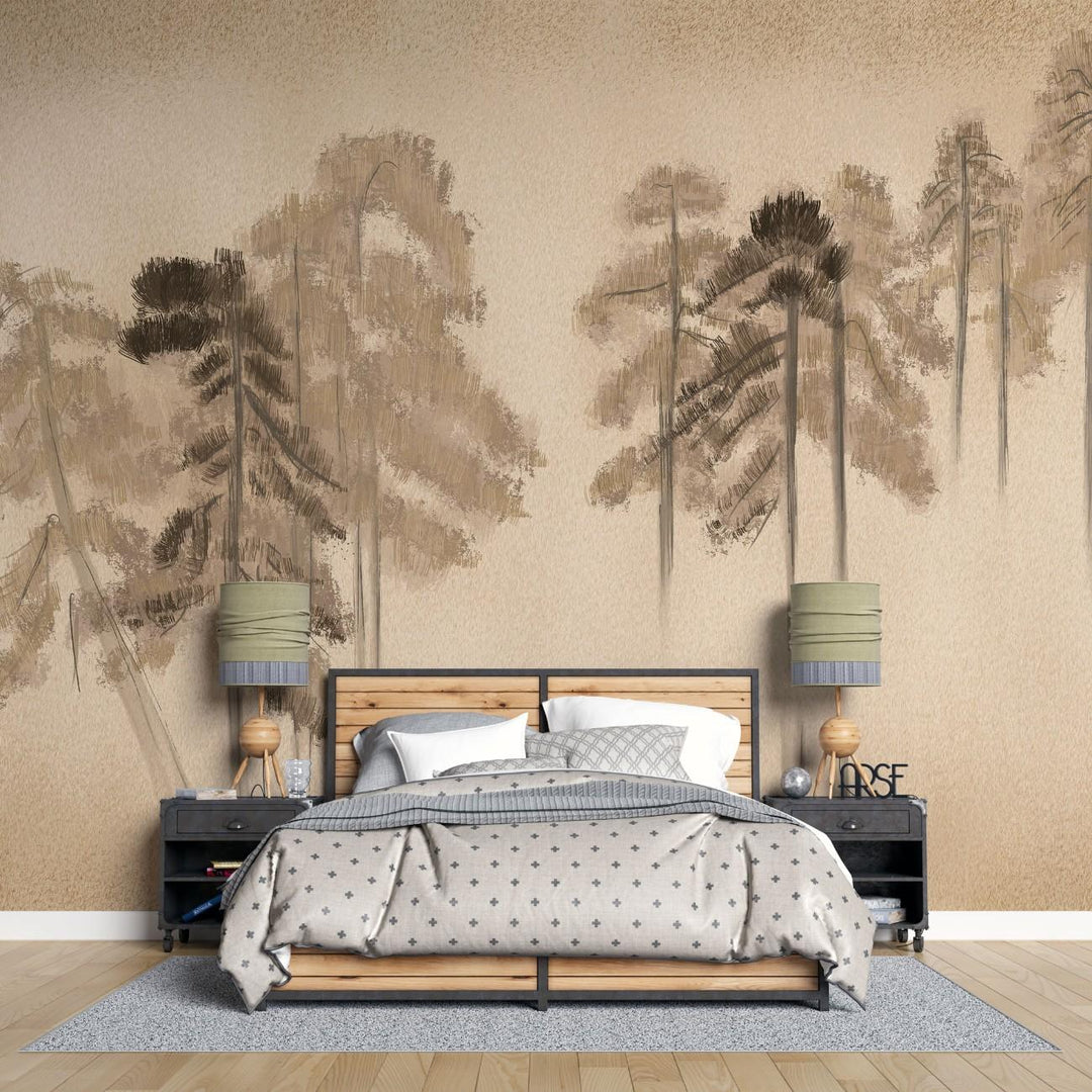 Tapet personalizat forest cu un design simplificat cu brazi stilizati inspirand un aspect curat si contemporan stamp pine trees