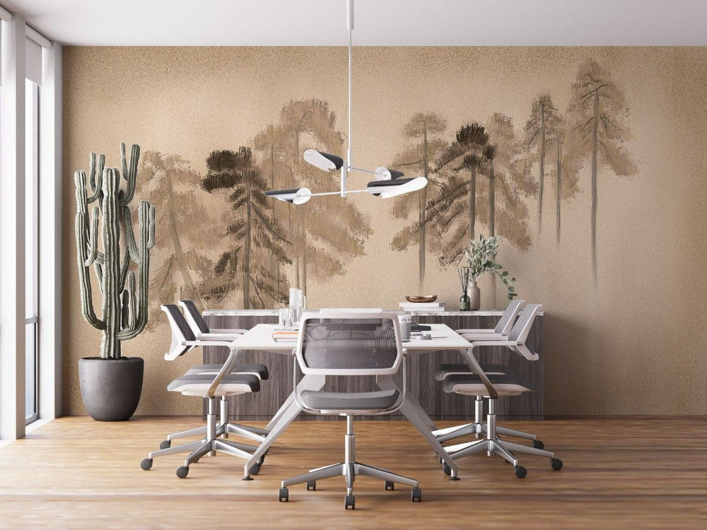 Tapet personalizat forest cu un design simplificat cu brazi stilizati inspirand un aspect curat si contemporan stamp pine trees