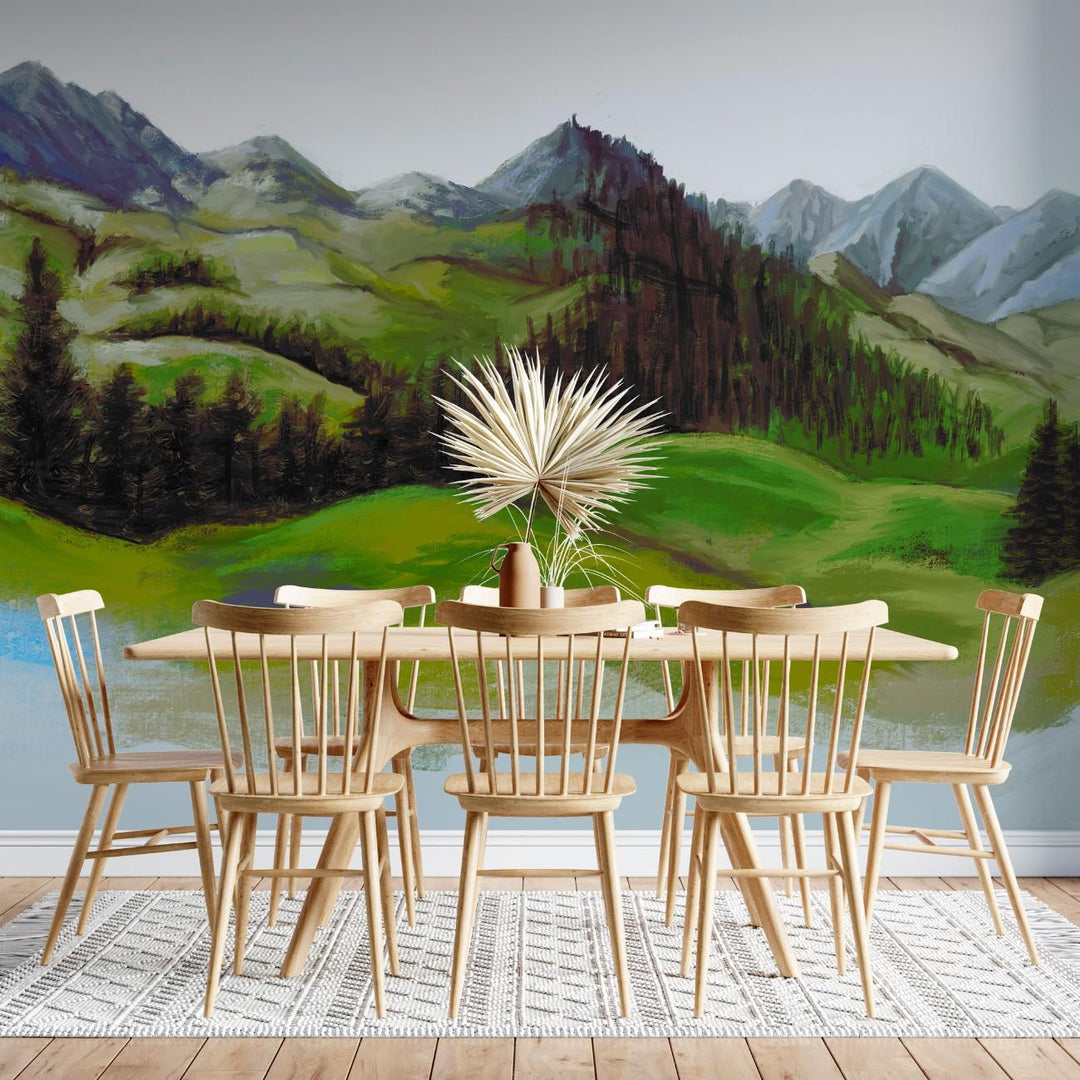 Tapet personalizat forest cu un peisaj montan si impadurit cu forme abstracte evocand linistea si grandoarea naturii highland