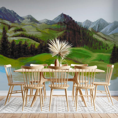tapet personalizat forest cu un peisaj montan si impadurit cu forme abstracte evocand linistea si grandoarea naturii highland