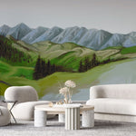Tapet personalizat forest cu un peisaj montan si impadurit cu forme abstracte evocand linistea si grandoarea naturii highland
