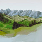 Tapet personalizat forest cu un peisaj montan si impadurit cu forme abstracte evocand linistea si grandoarea naturii highland