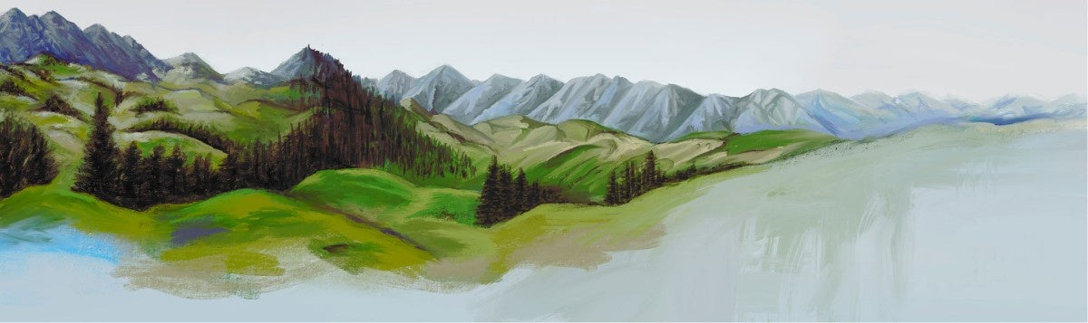 tapet personalizat forest cu un peisaj montan si impadurit cu forme abstracte evocand linistea si grandoarea naturii highland