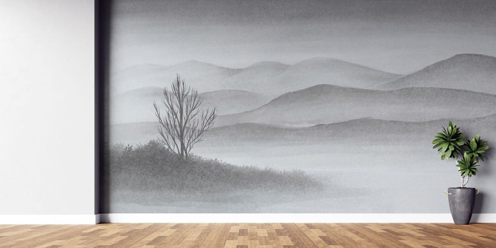 Tapet personalizat forest cu o reprezentare artistica a unei paduri cu forme geometrice si elemente rustice aducand un stil traditional bacovian