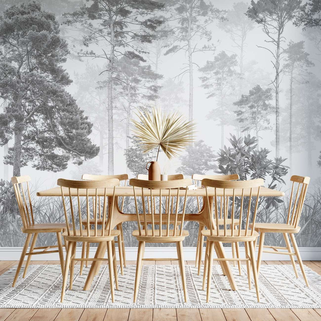 Fototapet personalizat forest cu un peisaj de padure in tonuri de gri cu detalii subtile ideal pentru un decor calm si sofisticat greyscale forest