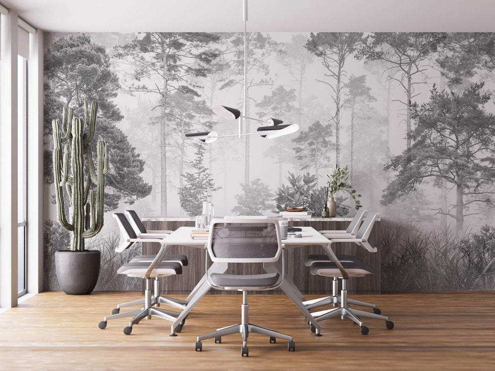 Fototapet personalizat forest cu un peisaj de padure in tonuri de gri cu detalii subtile ideal pentru un decor calm si sofisticat greyscale forest