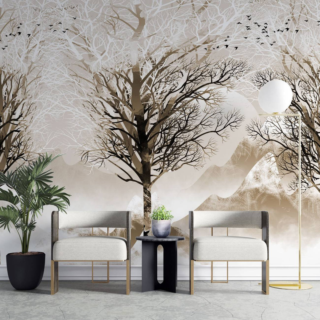 Tapet personalizat forest cu o imagine a unei crengi solitare in tonuri de sepia oferind o atmosfera contemplativa si clasica sepia branches