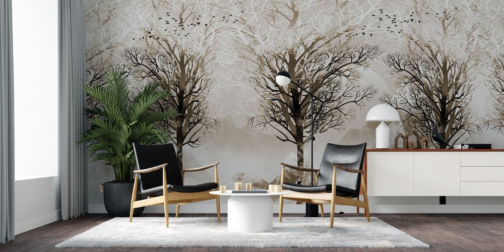 Tapet personalizat forest cu o imagine a unei crengi solitare in tonuri de sepia oferind o atmosfera contemplativa si clasica sepia branches