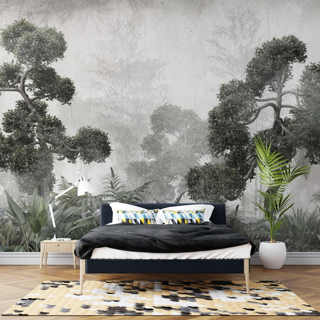 Fototapet personalizat forest cu un peisaj de padure in tonuri de gri cu detalii subtile ideal pentru un decor calm si sofisticat greenhouse forest