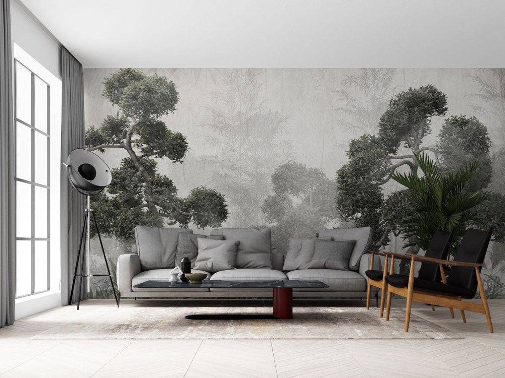 Fototapet personalizat forest cu un peisaj de padure in tonuri de gri cu detalii subtile ideal pentru un decor calm si sofisticat greenhouse forest