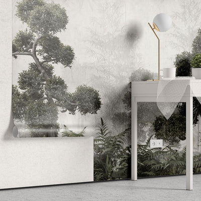 fototapet personalizat forest cu un peisaj de padure in tonuri de gri cu detalii subtile ideal pentru un decor calm si sofisticat greenhouse forest