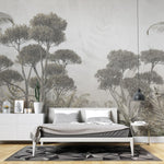 Fototapet personalizat forest cu un peisaj de padure cu un contrast fin unde lumina patrunde subtil printre copaci creand o ambianta linistita si eterica soft contrast