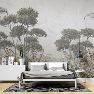 fototapet personalizat forest cu un peisaj de padure cu un contrast fin unde lumina patrunde subtil printre copaci creand o ambianta linistita si eterica soft contrast
