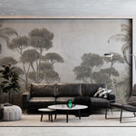 Fototapet personalizat forest cu un peisaj de padure cu un contrast fin unde lumina patrunde subtil printre copaci creand o ambianta linistita si eterica soft contrast