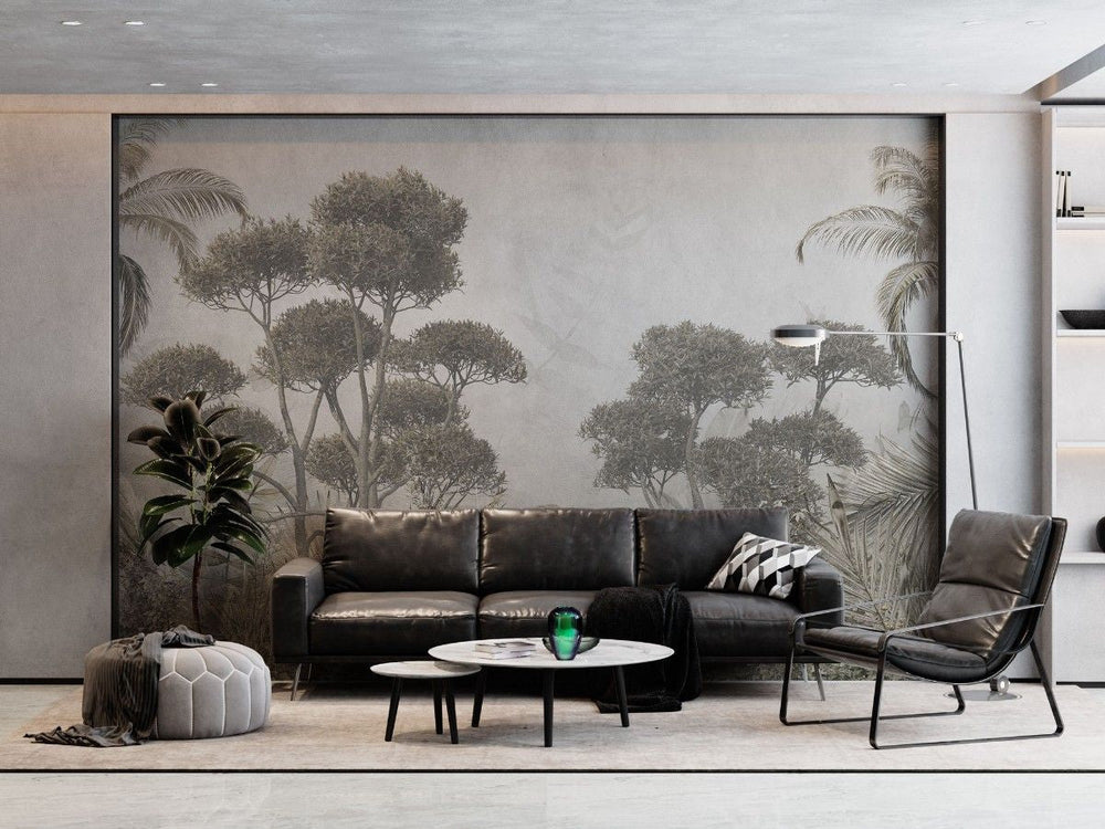 Fototapet personalizat forest cu un peisaj de padure cu un contrast fin unde lumina patrunde subtil printre copaci creand o ambianta linistita si eterica soft contrast