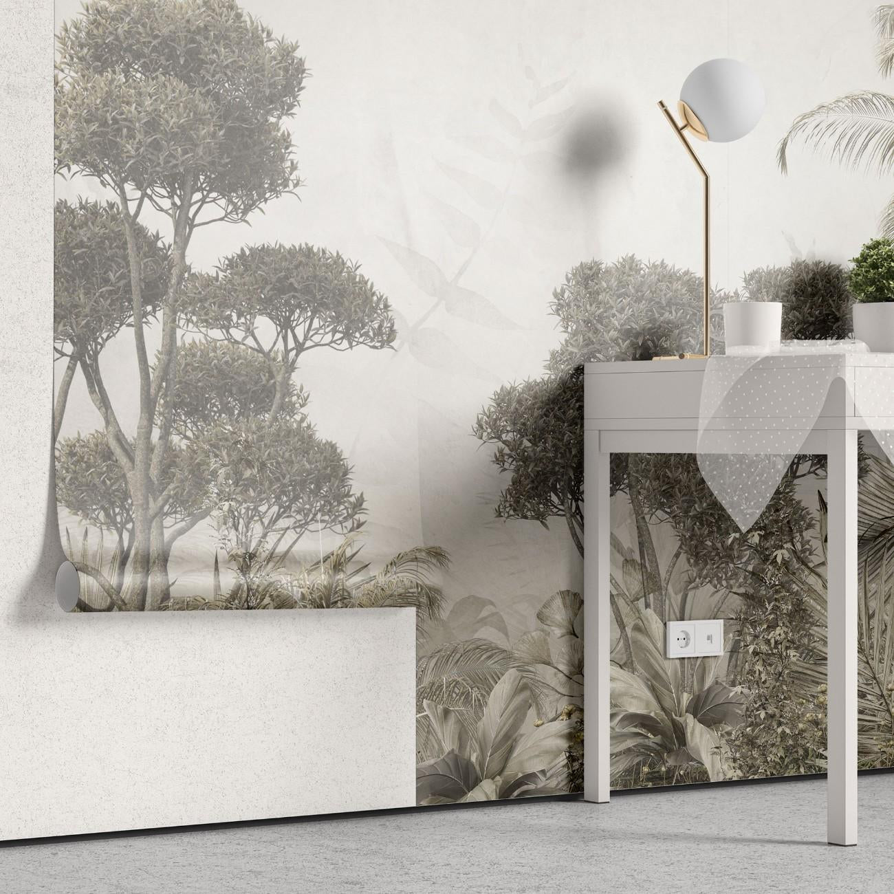 fototapet personalizat forest cu un peisaj de padure cu un contrast fin unde lumina patrunde subtil printre copaci creand o ambianta linistita si eterica soft contrast