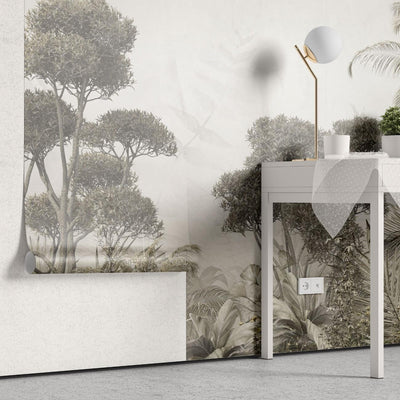 fototapet personalizat forest cu un peisaj de padure cu un contrast fin unde lumina patrunde subtil printre copaci creand o ambianta linistita si eterica soft contrast