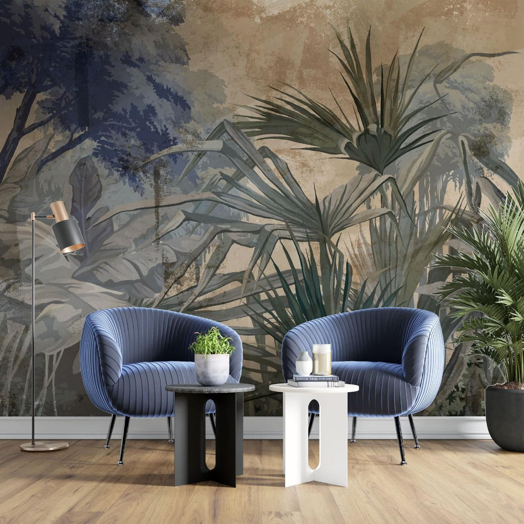 Tapet personalizat forest cu o interpretare artistica a unei paduri cu accente abstracte si culori ce sugereaza profunzimea si misterul art forest