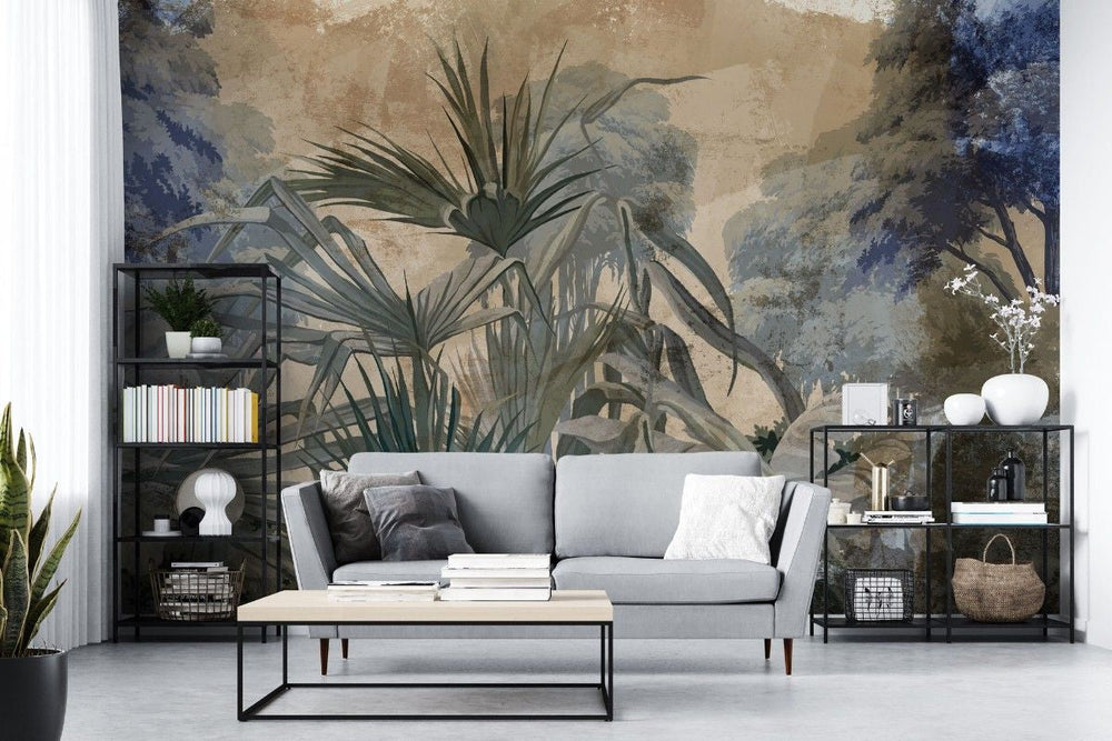 Tapet personalizat forest cu o interpretare artistica a unei paduri cu accente abstracte si culori ce sugereaza profunzimea si misterul art forest