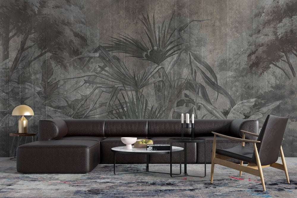 Tapet personalizat forest cu o padure stilizata in nuante intunecate ce aduce un aer de mister si eleganta contemporana dark art forest