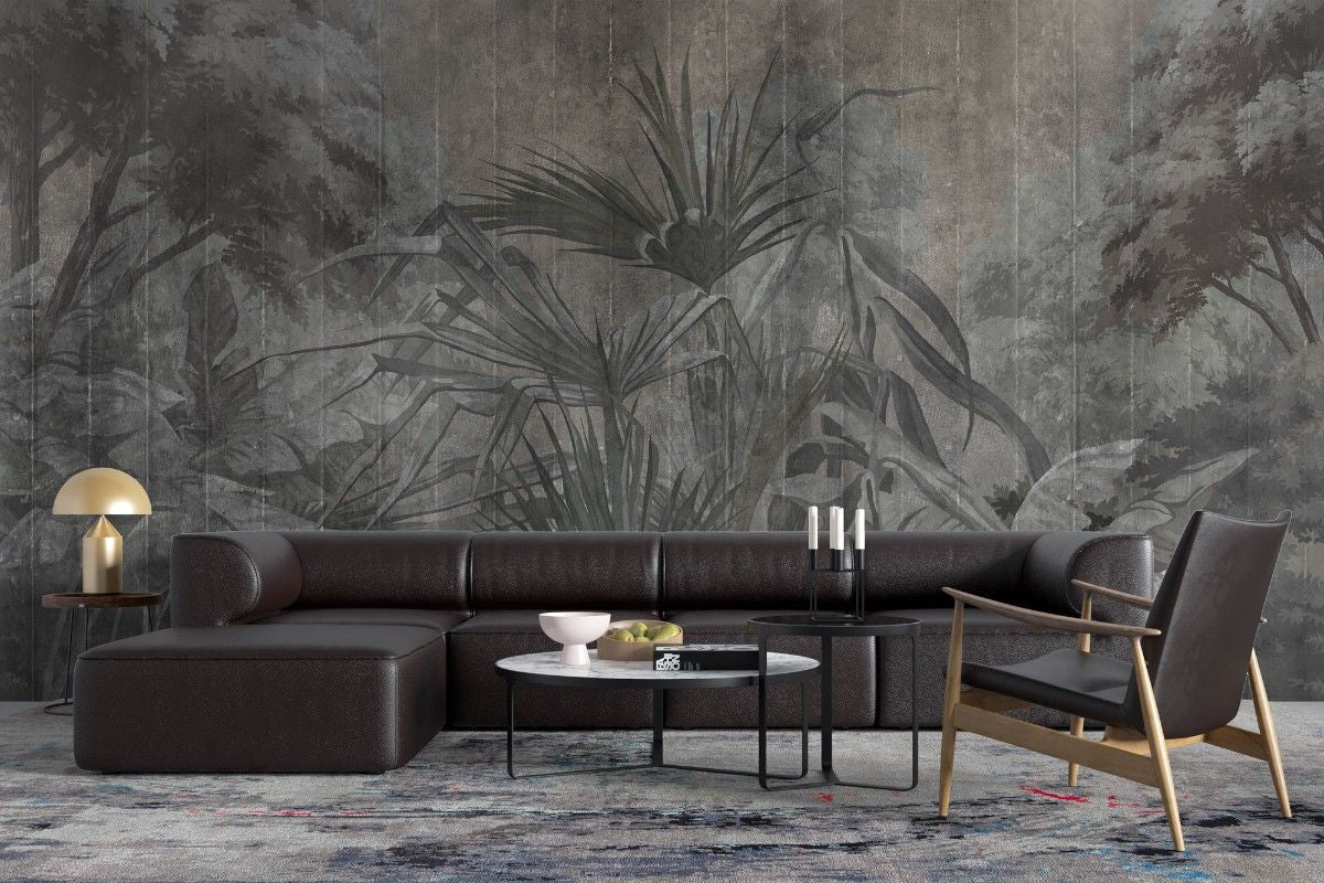 tapet personalizat forest cu o padure stilizata in nuante intunecate ce aduce un aer de mister si eleganta contemporana dark art forest