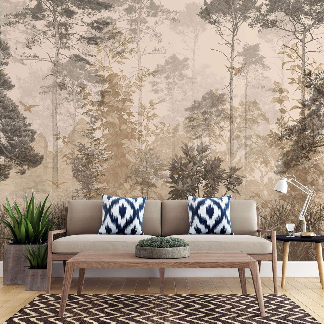 Fototapet personalizat forest cu o padure in ceata la apus unde razele soarelui creaza o atmosfera calda si un sentiment de liniste profunda sunset forest fog