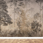 Fototapet personalizat forest cu o padure in ceata la apus unde razele soarelui creaza o atmosfera calda si un sentiment de liniste profunda sunset forest fog