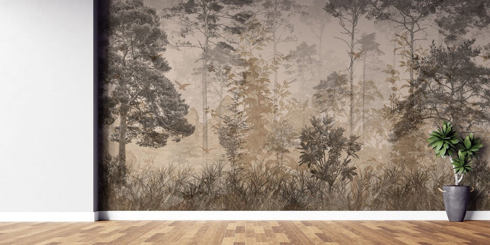 Fototapet personalizat forest cu o padure in ceata la apus unde razele soarelui creaza o atmosfera calda si un sentiment de liniste profunda sunset forest fog