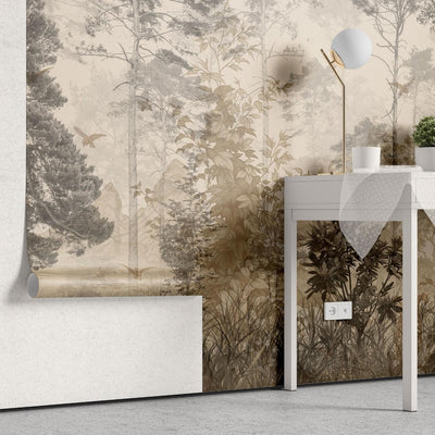 fototapet personalizat forest cu o padure in ceata la apus unde razele soarelui creaza o atmosfera calda si un sentiment de liniste profunda sunset forest fog