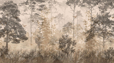 fototapet personalizat forest cu o padure in ceata la apus unde razele soarelui creaza o atmosfera calda si un sentiment de liniste profunda sunset forest fog