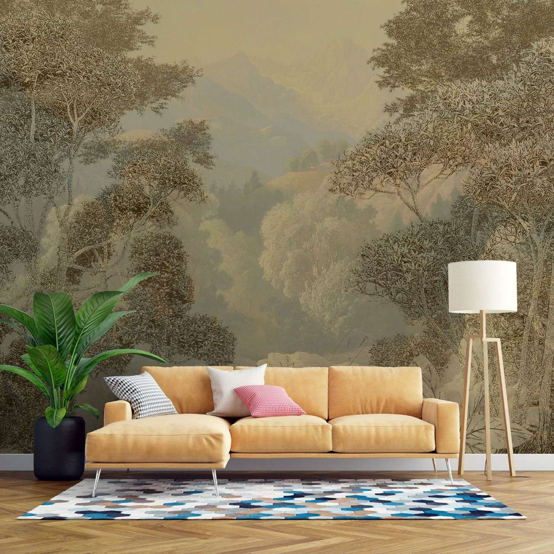 Tapet personalizat forest cu o ilustratie de safari in nuante calde cu siluete de copaci si vegetatie perfecta pentru a aduce o nota exotica si primitoare warm safari