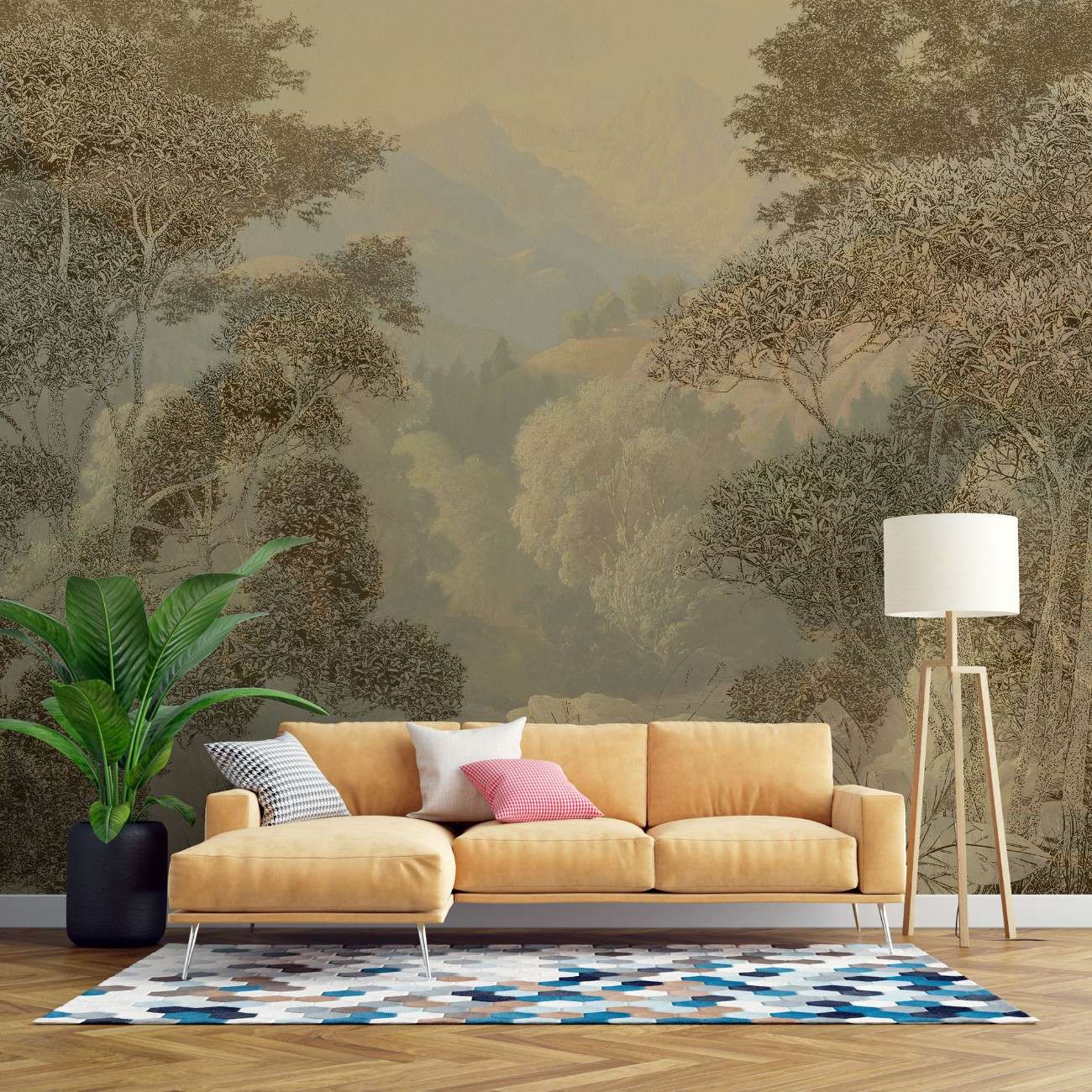 tapet personalizat forest cu o ilustratie de safari in nuante calde cu siluete de copaci si vegetatie perfecta pentru a aduce o nota exotica si primitoare warm safari