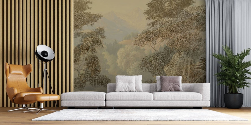 Tapet personalizat forest cu o ilustratie de safari in nuante calde cu siluete de copaci si vegetatie perfecta pentru a aduce o nota exotica si primitoare warm safari