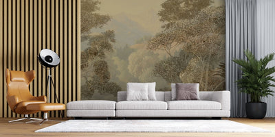 tapet personalizat forest cu o ilustratie de safari in nuante calde cu siluete de copaci si vegetatie perfecta pentru a aduce o nota exotica si primitoare warm safari
