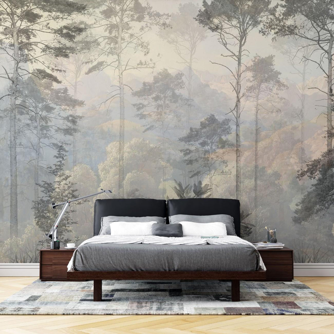 Fototapet personalizat forest cu o ilustratie de safari in tonuri reci cu siluete de copaci si vegetatie oferind o atmosfera moderna si distincta cold safari