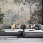 Fototapet personalizat forest cu o ilustratie de safari in tonuri reci cu siluete de copaci si vegetatie oferind o atmosfera moderna si distincta cold safari