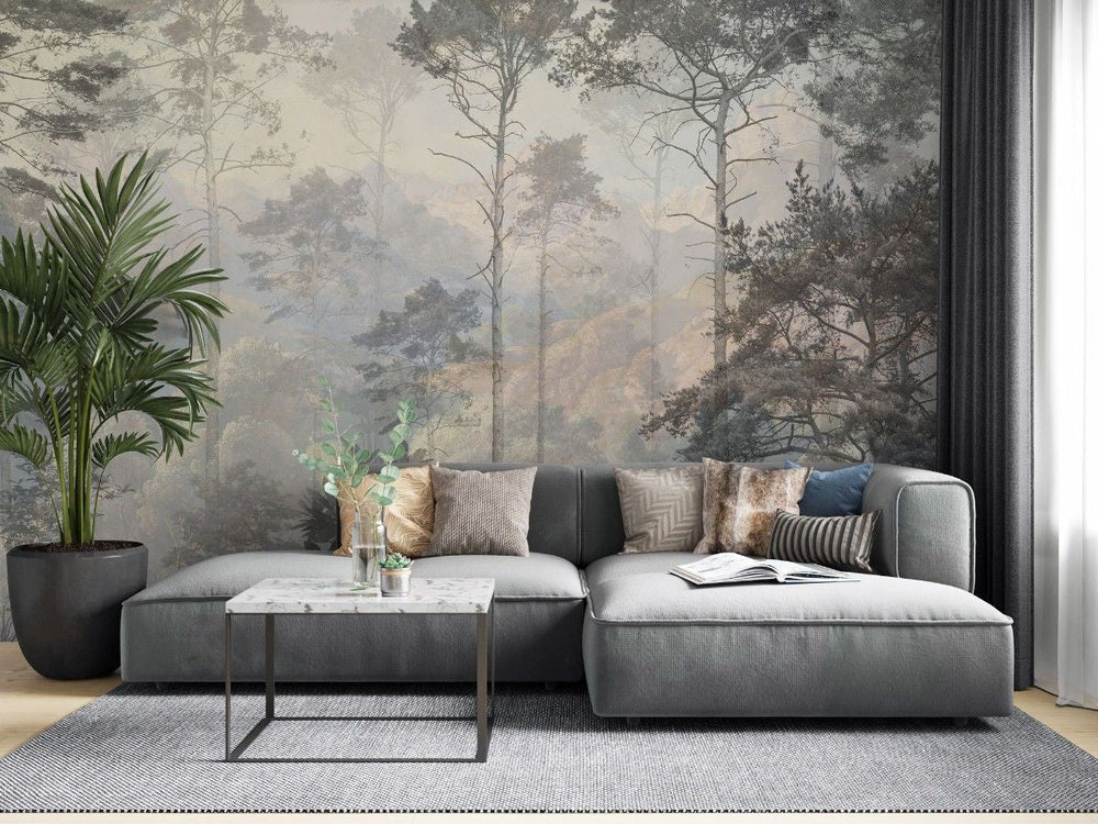 Fototapet personalizat forest cu o ilustratie de safari in tonuri reci cu siluete de copaci si vegetatie oferind o atmosfera moderna si distincta cold safari