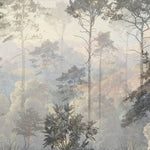 Fototapet personalizat forest cu o ilustratie de safari in tonuri reci cu siluete de copaci si vegetatie oferind o atmosfera moderna si distincta cold safari