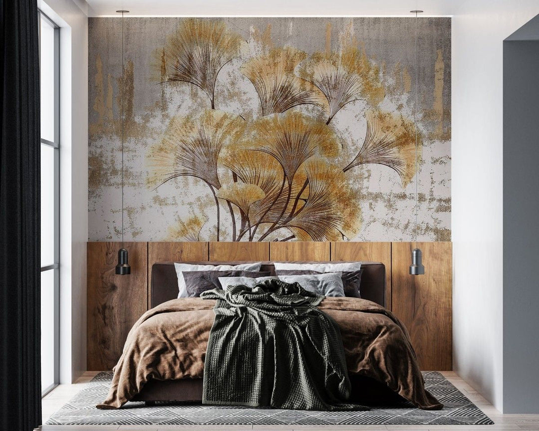 Tapet personalizat forest cu frunze de ginkgo stilizate aranjate intr un model circular creand un design modern si elegant radius ginkgo