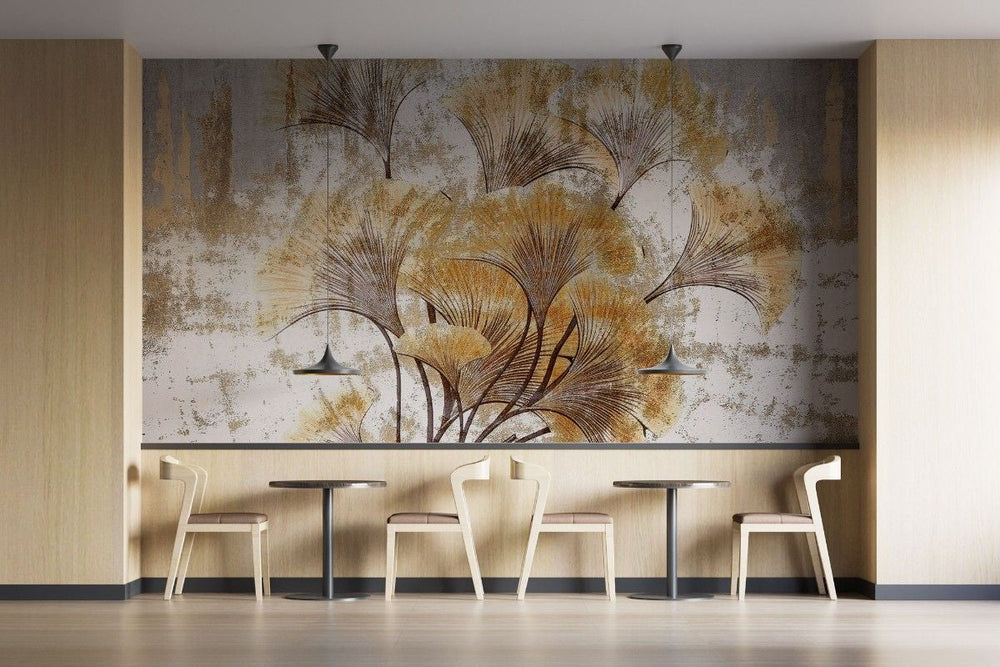 Tapet personalizat forest cu frunze de ginkgo stilizate aranjate intr un model circular creand un design modern si elegant radius ginkgo