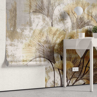 tapet personalizat forest cu frunze de ginkgo stilizate aranjate intr un model circular creand un design modern si elegant radius ginkgo