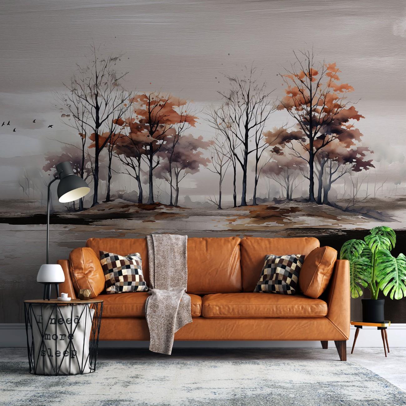 tapet personalizat forest cu o imagine artistica a unor pasari in zbor sugerand o miscare delicata si libertate in peisajul padurii birds of passage