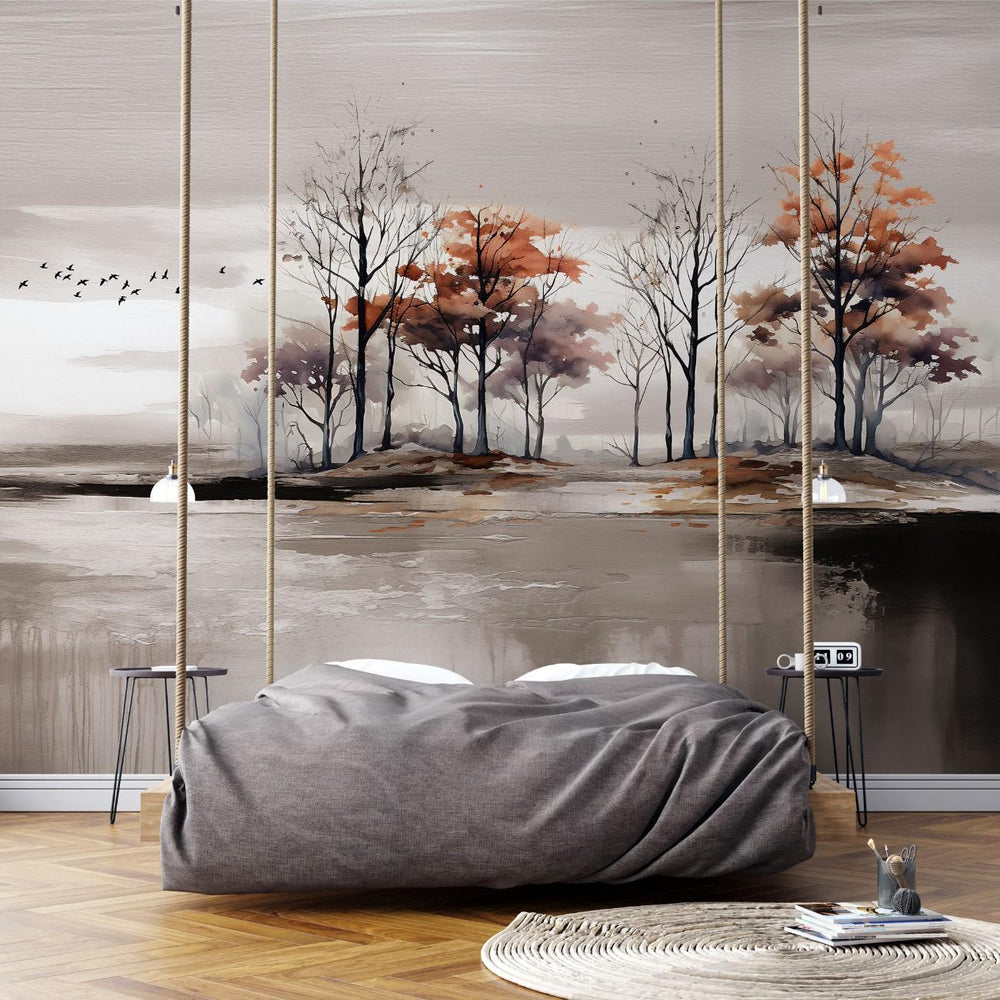 Tapet personalizat forest cu o imagine artistica a unor pasari in zbor sugerand o miscare delicata si libertate in peisajul padurii birds of passage