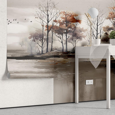 tapet personalizat forest cu o imagine artistica a unor pasari in zbor sugerand o miscare delicata si libertate in peisajul padurii birds of passage