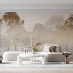 Tapet personalizat forest cu o padure de copaci aurii pe un fundal ce imita o tencuiala oferind un contrast elegant si o atmosfera sofisticata stucco forest