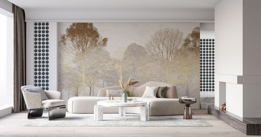 Tapet personalizat forest cu o padure de copaci aurii pe un fundal ce imita o tencuiala oferind un contrast elegant si o atmosfera sofisticata stucco forest