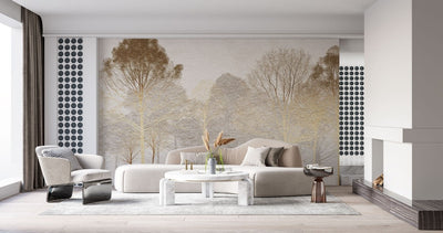 tapet personalizat forest cu o padure de copaci aurii pe un fundal ce imita o tencuiala oferind un contrast elegant si o atmosfera sofisticata stucco forest