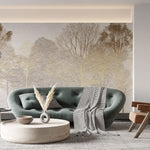 Tapet personalizat forest cu o padure de copaci aurii pe un fundal ce imita o tencuiala oferind un contrast elegant si o atmosfera sofisticata stucco forest