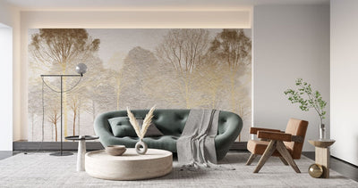 tapet personalizat forest cu o padure de copaci aurii pe un fundal ce imita o tencuiala oferind un contrast elegant si o atmosfera sofisticata stucco forest